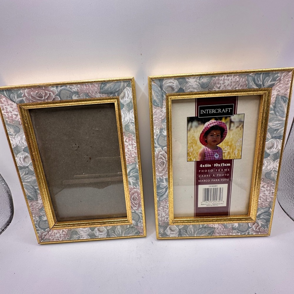 Intercraft Floral Gold Trim 4x6 Photo Frames Set of 2 Vintage Style Cottagecore